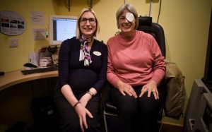 Sandra Wilson, 60, is pictured with Optometrist Sinead Connolly at the Specsavers branch in Elgin, Moray