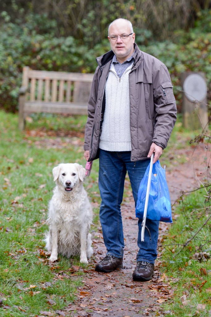 Malcolm Walls, with his dog Poppy, has picked up more than 600 bags of rubbish in the last three years to keep part of Crawley litter-free wants more people to take responsibility for the litter they drop. Crawly, West Sussex. See SWNS story SWBIN; A super-citizen has taken litter picking to extreme lengths and has already collected almost 300 bags of rubbish this year. Father-of-two Malcolm Walls, 56, picks up everything from dirty nappies to empty takeaway containers and has on occasion even spotted used needles. The retiree walks the same 20-minute route near his home every single day since 2012 when he became overwhelmingly frustrated with the amount of litter discarded in the streets. Malcolm, from Crawley, West Sussex, said: "It reached the point where my frustration levels at thinking 'how could someone walk away and leave litter laying on the floor' reached a tipping point. "I happened to have a carrier bag with me when I saw a pile of litter on the floor by a bench and I've been picking up rubbish ever since. credit SWNS