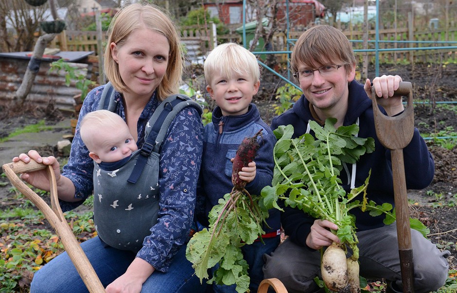 The Podd family from Wolverhampton at the allotment for the Edible Garden feature. Picture credit Sam Bagnall