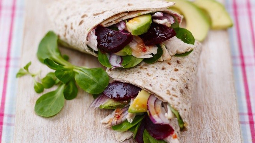 Sweet chilli infused beetroot and chicken wraps