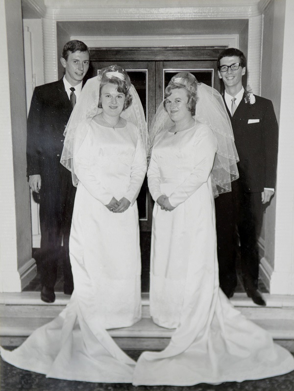 Collect of Allen and Margaret Natkaniec and Anne Carwardine and  Allan Carwardine on their wedding day on July 23, 1966 in Plymouth, Devon. See SWNS story SWTWINS; Twin sisters who got married in a double ceremony and went on honeymoon together are now BOTH celebrating their golden wedding. Inseparable Anne and Margaret King were 21 when they were wed side by side on July 23, 1966. And they have now shared another milestone together by both clocking up 50 years of happy marriage. Margaret married Allen Natkaniec, 71, and Anne became the wife of Allan Carwardine, 71, with their father, Alderman and former Lord Mayor Ron King, having the honour of giving away his twin daughters. The wedding reception was held at the Continental Hotel in Plymouth, Devon, and the newlyweds honeymooned together in Italy where they watched England win the World Cup.