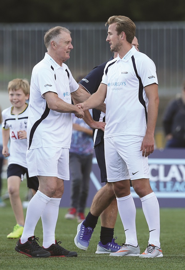 Football - Walking Football All Star Game - New River Sport & Fitness, White Hart Lane, Wood Green - 27/8/15 Harry Kane and Sir Geoff Hurst after taking part in an all-star walking football fixture staged by Barclays digital eagles to help community volunteer Steve rich promote the game nationwide Mandatory Credit: Action Images / Alex Morton Livepic EDITORIAL USE ONLY.