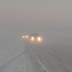 Cars traveling on the road in the morning fog