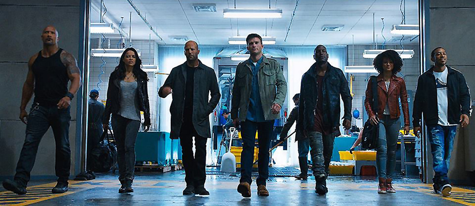 Jason Statham, Dwayne Johnson, Ludacris, Michelle Rodriguez, Tyrese Gibson, Scott Eastwood and Nathalie Emmanuel in Fast & Furious 8 - The Fate of the Furious - Credit IMDB