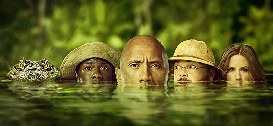 Jack Black, Kevin Hart, Dwayne Johnson and Karen Gillan in Jumanji: Welcome to the Jungle - Credit IMDB