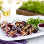 Cumin and pomegranate infused beetroot, halloumi & courgette kebabs in lime & toasted cumin seed dressing