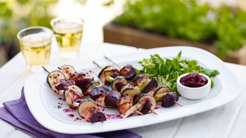 Cumin and pomegranate infused beetroot, halloumi & courgette kebabs in lime & toasted cumin seed dressing