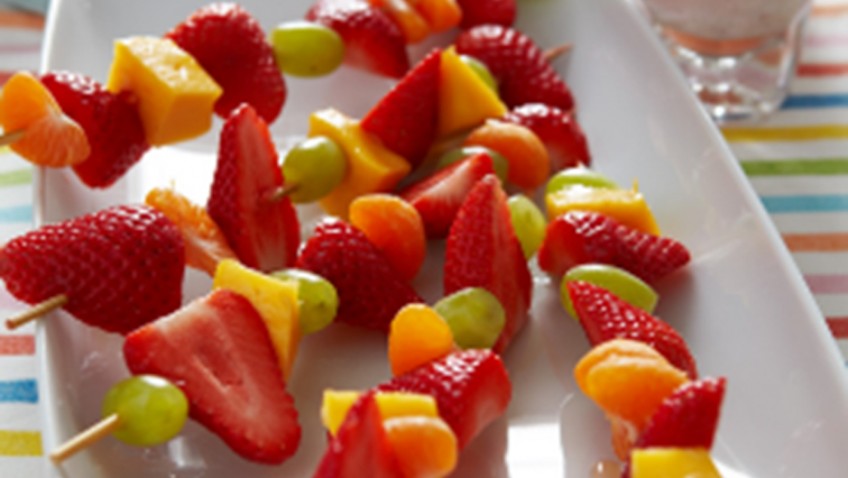 Fruit kebabs with BerryWorld strawberry milk