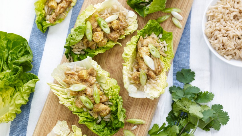 Satay chicken in baby gem lettuce cups