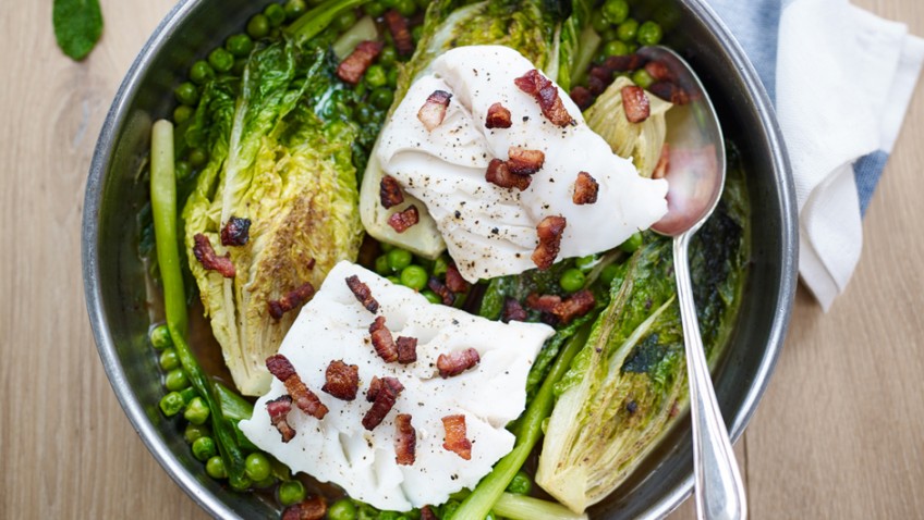 Sweet gem and cod braised with peas