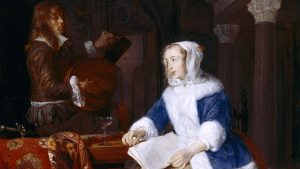 Oil painting on oak panel, The Duet ('Le corset bleu'), Gabriel Metsu (Leyden 1629 - Amsterdam 1667), signed at the bottom of the sheet of music: G. Metsu. A full-length portrait of a young lady wearing a blue jacket edged with ermine, and a white satin skirt trimmed with gold braid sits at the right beside a table which is partly covered by a carpet; she holds a musical score on her lap and turns to look at a youth who sits on the farther side of the table tuning his guitar. A glass of wine stands between them, to the right is a large chimney-piece supported on columns, and in the foreground a King Charles spaniel. (A contemporary copy is in the collection of HM The Queen, Buckingham Palace). Inscribed - G. Metsu (signed).
